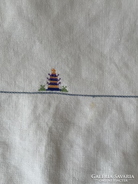 Old, oriental, small cross-stitch tablecloth with pagoda pattern embroidered on linen - 83 cm x 83 cm