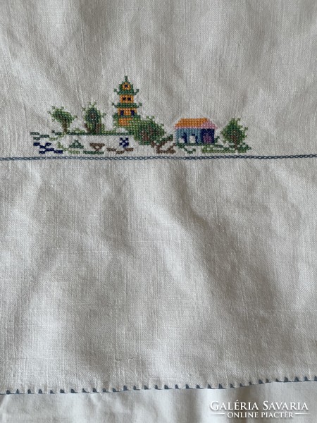 Old, oriental, small cross-stitch tablecloth with pagoda pattern embroidered on linen - 83 cm x 83 cm