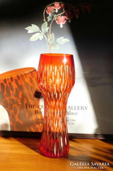 Coral red peeled crystal vase 30.5 Cm