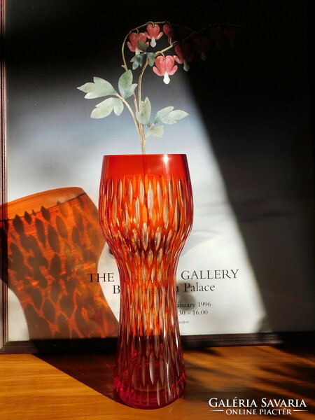 Coral red peeled crystal vase 30.5 Cm