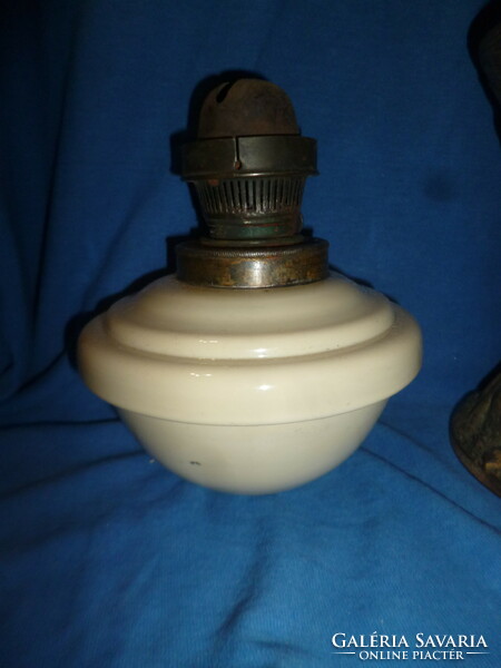 Old cast iron table kerosene lamp with milk glass container