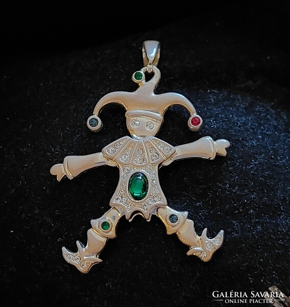 Silver clown pendant with moving parts, colored and white stones