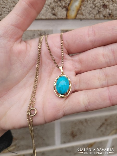 Art Nouveau turquoise stone 9k gold pendant on a long gold chain!