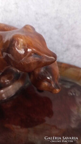 Komlós art deco mázas figurális kerámia medvékkel, hamutartó