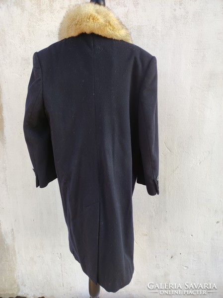 Ezüstróka galléros gyapjú - kasmír klasszikus vonalú női kabát, 42-es méret, sötétkék