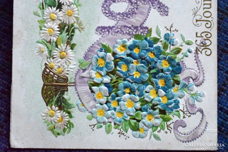 Antik dombornyomott Újévi litho üdvözlő képeslap 1906 dátum virágból  , nefelejcs