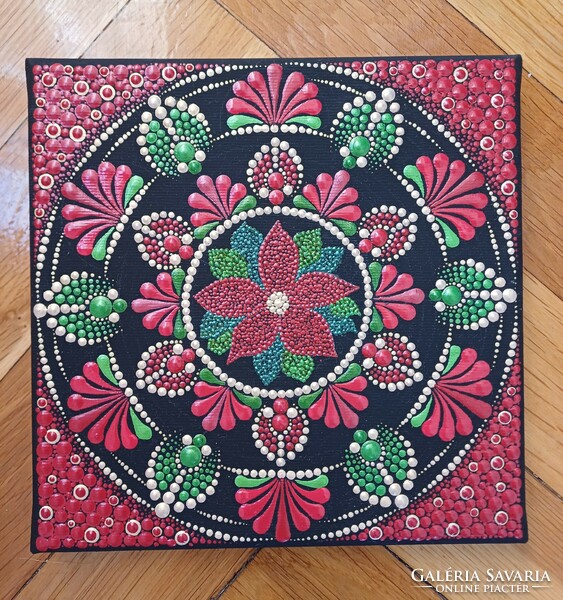New! Christmas flower mandala red, green, gold stretched canvas picture hand painted 20x20cm