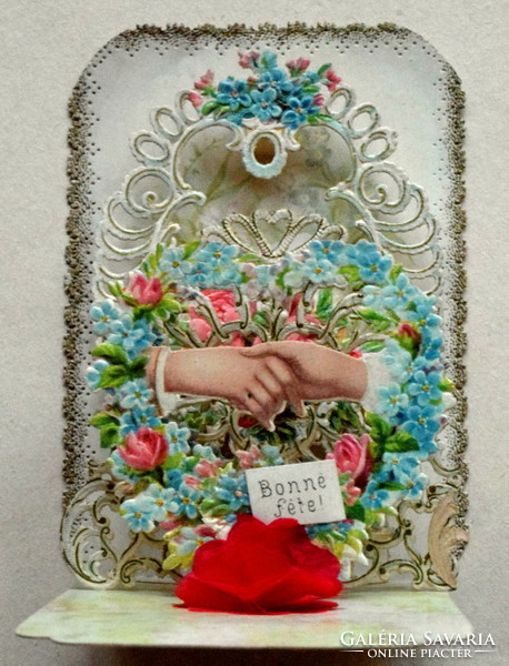 Antik kinyitható üdvözlő kártya , nem képeslap 3D térben lévő csipke virág képecskék 1909ből
