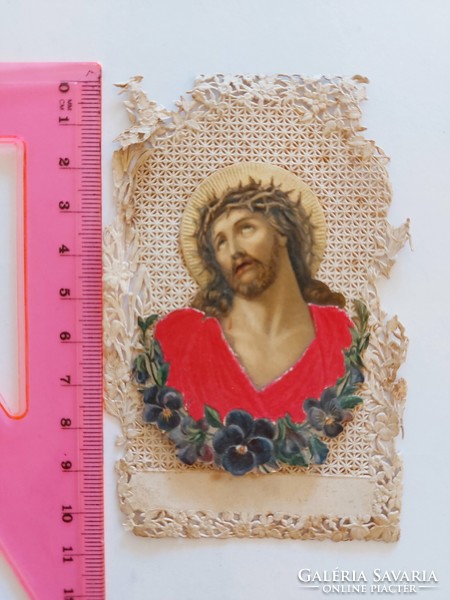 Antique picture of Christ, lacy embossed small holy picture, damaged