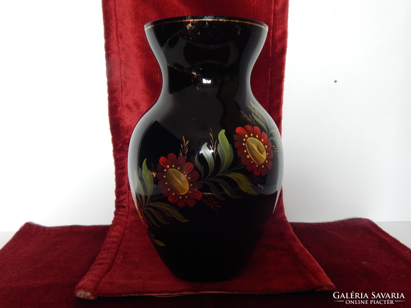 Hand painted black glass vase