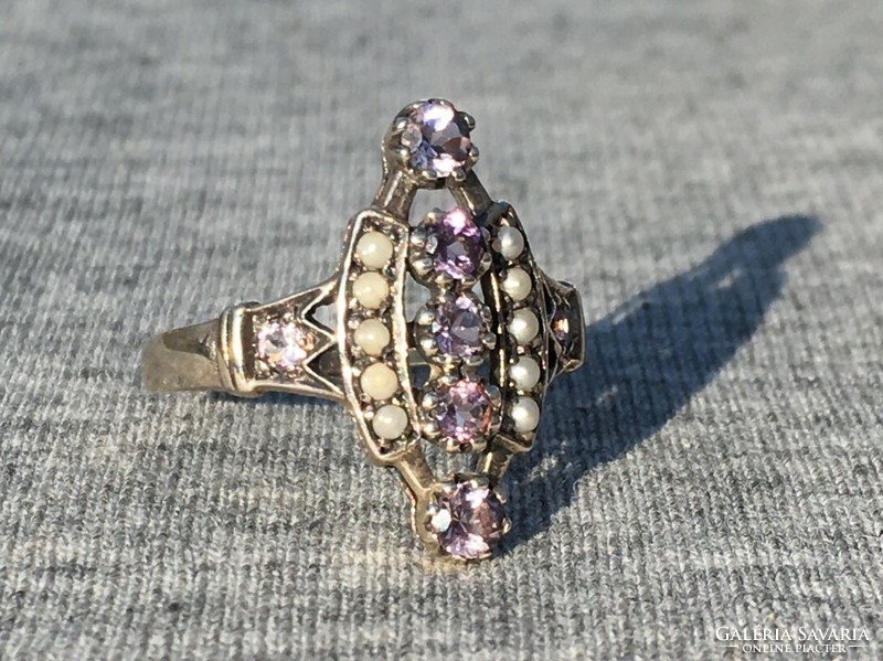 Női ezüst gyűrű ametiszt és gyöngy