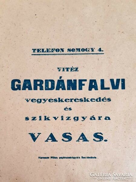 10db! 1920-1930 vitéz Gardánfalvi vegyeskereskedés és szikvízgyára Vasas (Pécs) reklám papírzacskó.