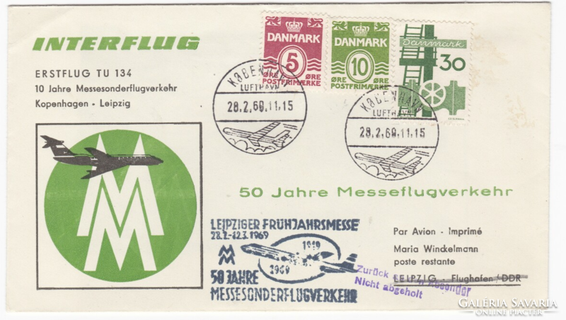 Interflug erstflug tu 134 copenhagen-leipzig 1969 - ndk airline commemorative flight fdc