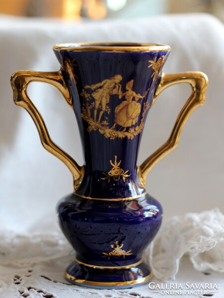 Lourdes porcelain vase from Limoges, cobalt blue base, rich, thick gilding, display case condition