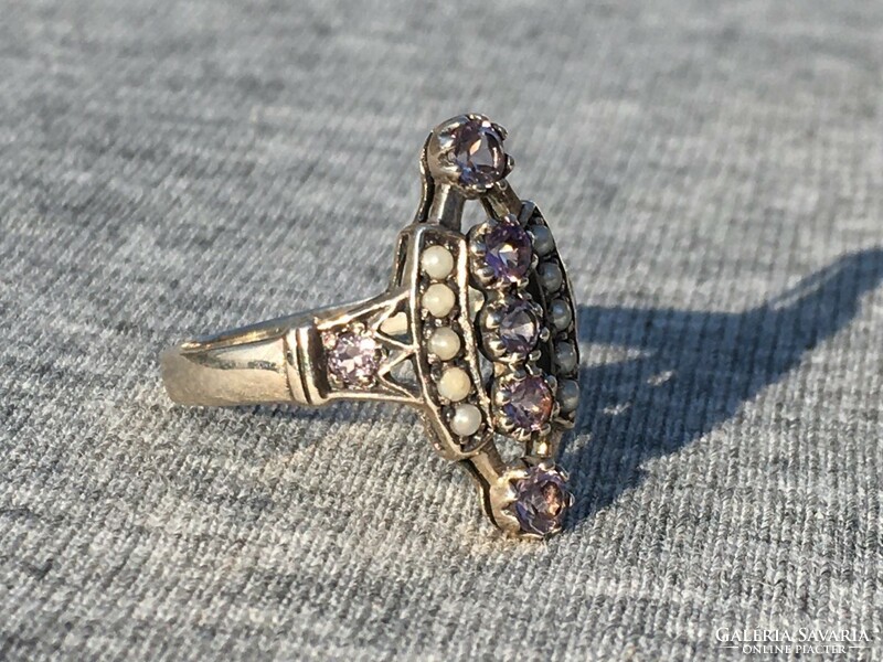 Női ezüst gyűrű ametiszt és gyöngy