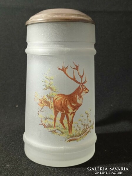 Copper lidded hunting jug with deer motif