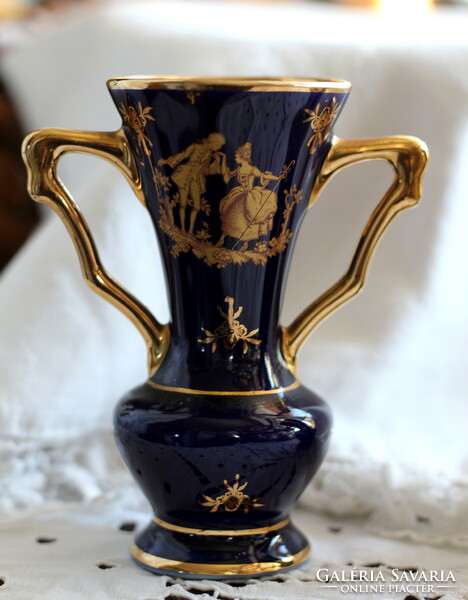 Lourdes porcelain vase from Limoges, cobalt blue base, rich, thick gilding, display case condition