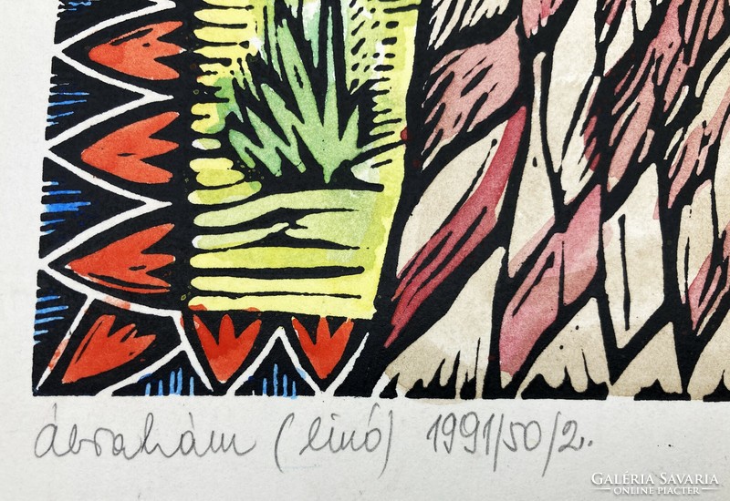 Tavaszy Noémi (1927-2018): Ábráhám, számozott (50/2), szignált, színezett bibliai linómetszet, 1991