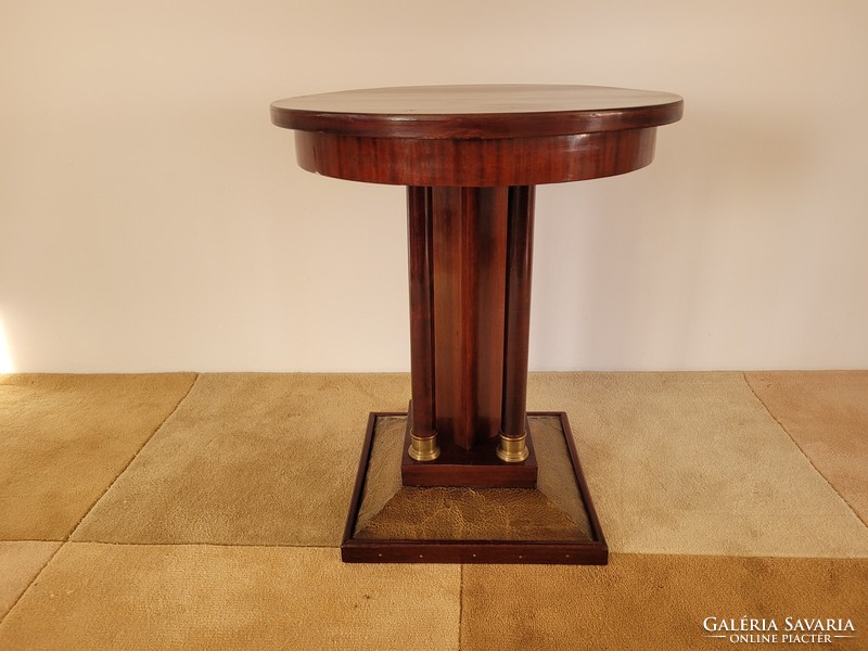 Old art nouveau art deco mahogany color round table side table console table with copper decoration