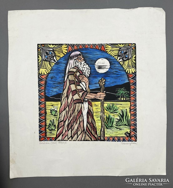 Noémi Tavaszy (1927-2018): Abraham, numbered (50/2), signed, colored biblical linocut, 1991