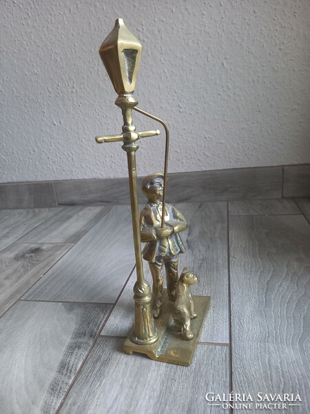 Charming old copper sculpture: lamplighter with his dog (32.3x10.3x7.7 cm)