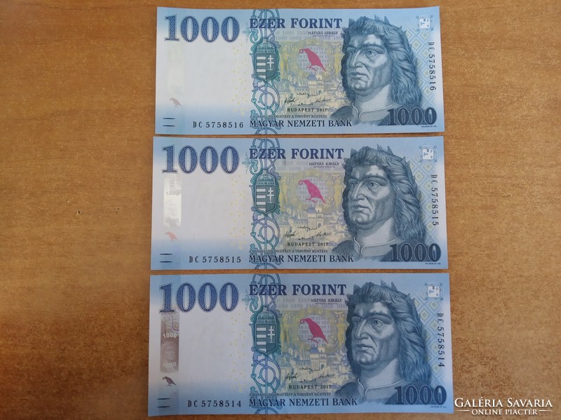 3 db hajtatlan sorszámkövető 1000 forint bankjegy UNC 2017