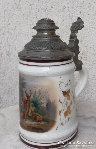 Antique beautiful beer mug with tin lid, hologram, watermark character, deer, wild style,