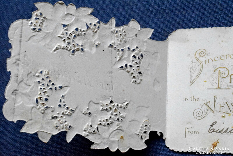Antik dombornyomott Újévi kinyitható  glitteres üdvözlő kártya , nem képeslap