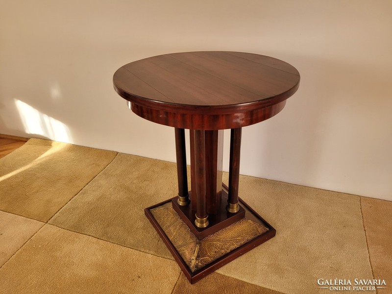 Old art nouveau art deco mahogany color round table side table console table with copper decoration