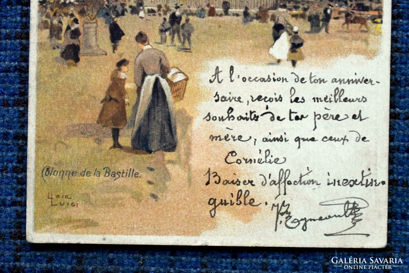 Antik művész festmény képeslap - Bastille terén  1907ből
