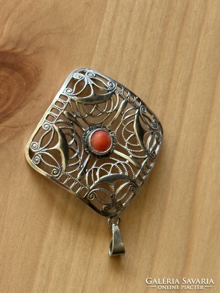 Antique coral stone silver pendant, pendant