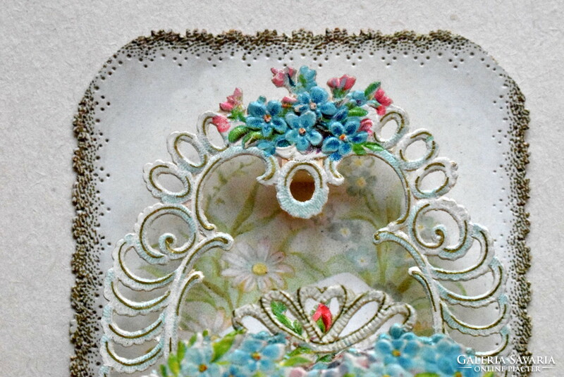Antique opening greeting card, not a postcard, pictures of lace flowers in 3D space from 1909
