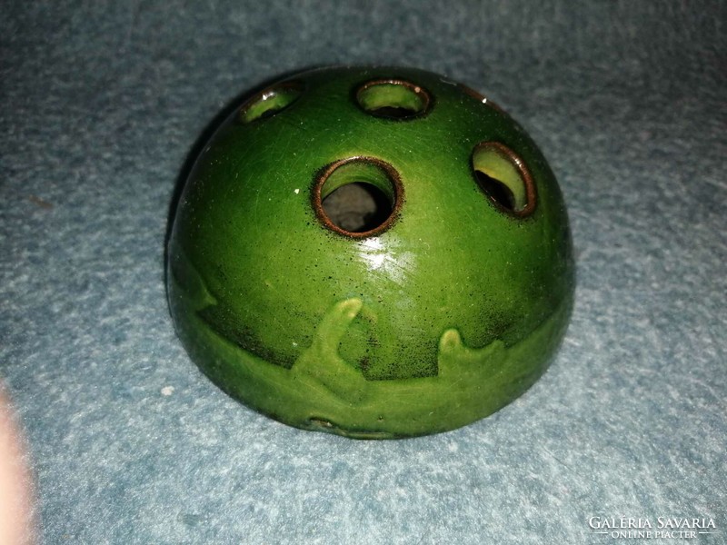 Green glazed ceramic ikebana or napkin holder - dia. 10 cm (a4)