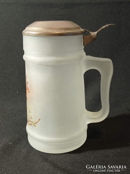 Copper lidded hunting jug with deer motif
