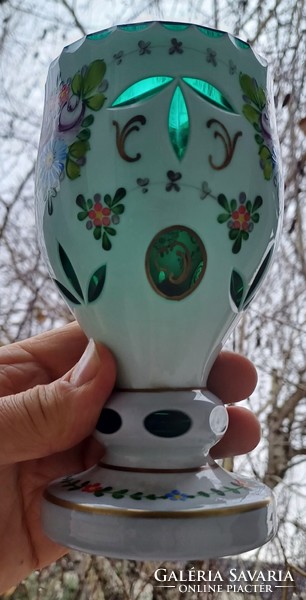 Antik színes Biedermeier stílusú Bohèmia Cseh pohàr több rètegú színes festett üveg kehely .Videó !