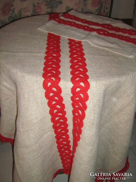 Wonderful burst of white red crochet woven tablecloth decorated with lacy edging