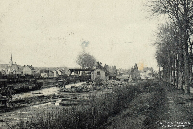 Antique photo postcard - small French town skyline with the railway station - 1930