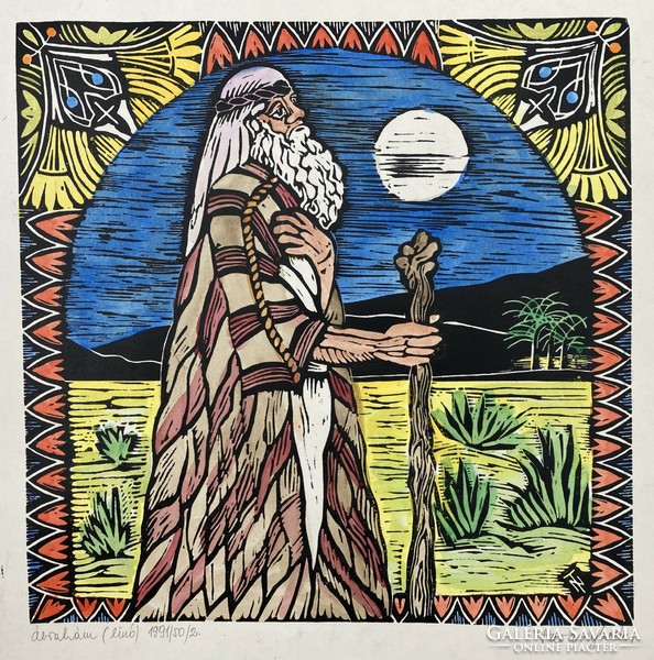 Tavaszy Noémi (1927-2018): Ábráhám, számozott (50/2), szignált, színezett bibliai linómetszet, 1991