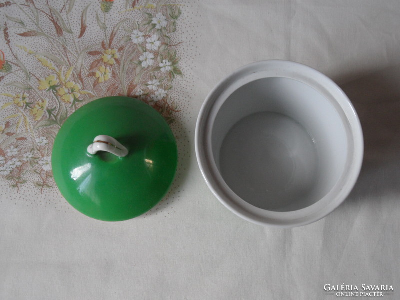 Hollóházi zöld porcelán cukortartó