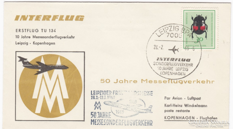 Interflug Erstflug TU 134 Leipzig-Kopenhagen 1969 - NDK légitársaság emlékjárata FDC