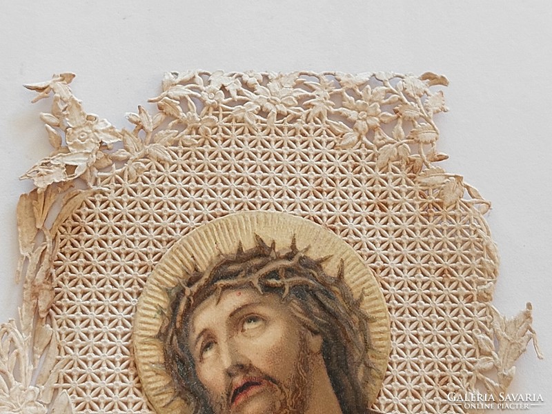 Antik kegykép Krisztus ábrázolás csipkés dombornyomott kis szentkép sérült