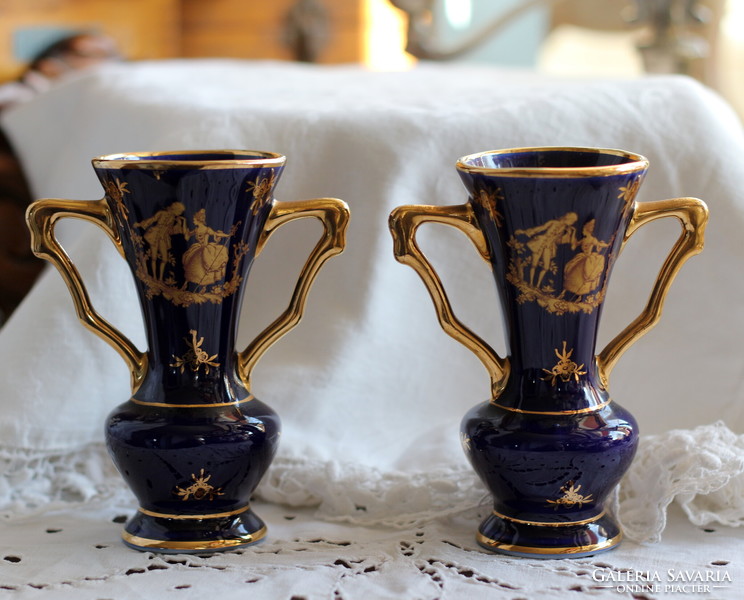 Lourdes porcelain vase from Limoges, cobalt blue base, rich, thick gilding, display case condition