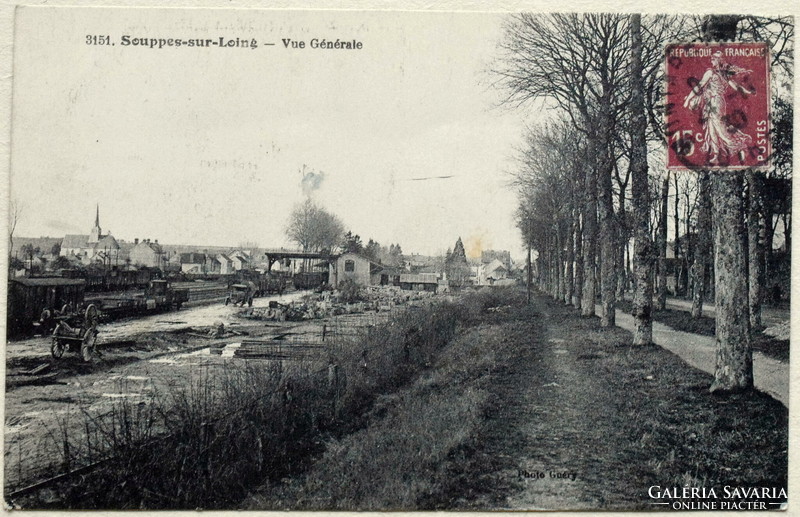 Antique photo postcard - small French town skyline with the railway station - 1930