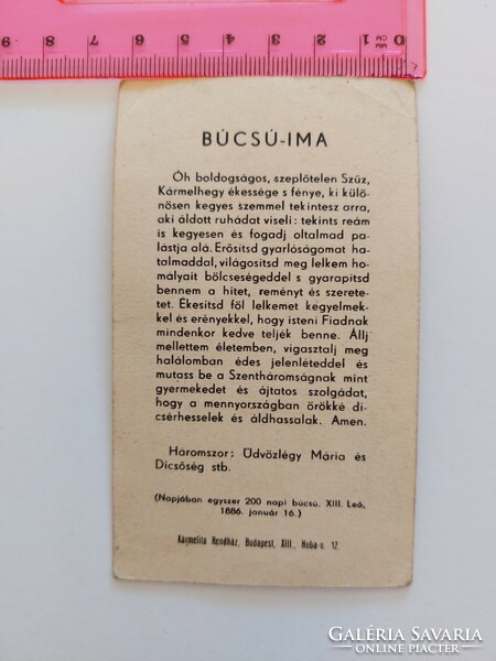 Old prayer card small image of Our Lady of Kármelhegy