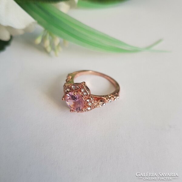 ÚJ, rózsaszín-kristály strasszköves rosegold színű 925 sterling ezüst gyűrű - USA 6 és 8 méretek