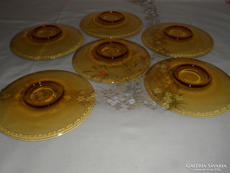 Art deco borostyán színű üveg süteményes tányér ( 6 db. )