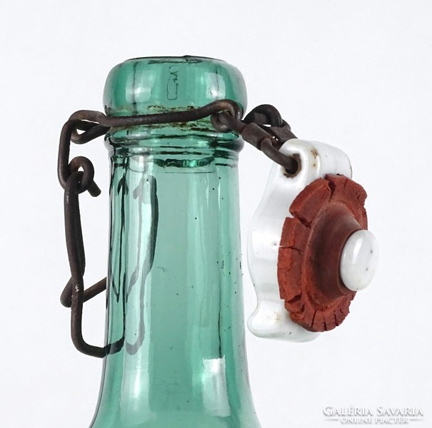 1M283 old scaly green glass bottle with buckle 34.5 Cm