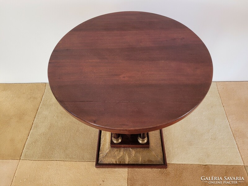 Régi szecessziós art deco mahagóni színű kerek asztal lerakóasztal konzolasztal réz díszítéssel