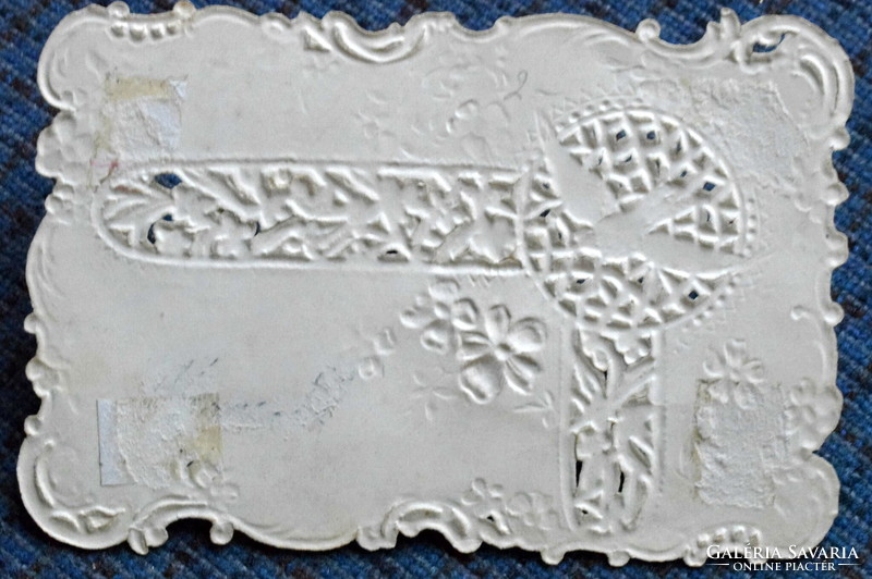 Antik dombornyomott Újévi  glitteres üdvözlő csipkézett kártya , nem képeslap  galamb , nefelejcs