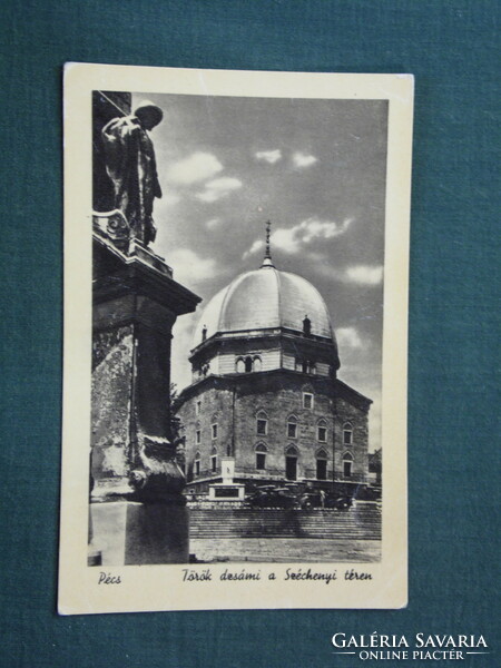 Postcard, Pécs, Széchenyi Square, Jámí Turkish Church skyline detail